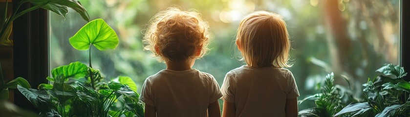 Two kids inspecting plants on a vibrant indoor green wall