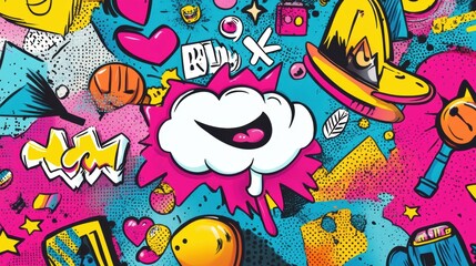 Aufkleber - Whimsical doodles with energetic speech bubbles and vibrant sound effects create a lively, playful atmosphere in a colorful setting. Generative AI
