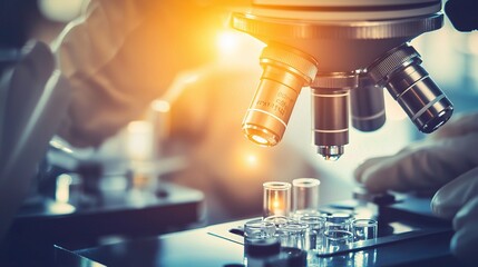 Poster - Microscope in Laboratory with Test Tubes and Light