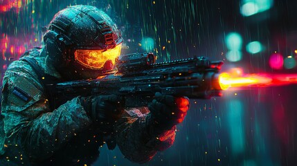 Poster - High-Tech Soldier in Cyberpunk Environment