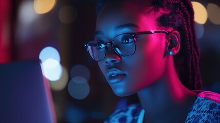 Poster - Thoughtful girl working on laptop in colorful light