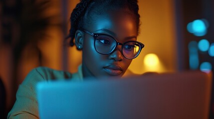 Poster - Focused Woman Using Laptop in Cozy Indoor Setting