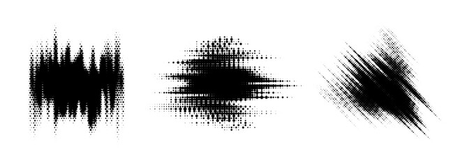 Poster - Glitch halftone line element set. Dotted texture diagonal form collection. Grunge jagged comic pop art shapes for banner, poster, collage, overlay, label, box, blot. Vector distressed blob bundle