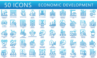 Economic development gradient outline icons set. contain digital money, export, analysis, development, exchange, investment and more. Vector EPS 10 for UI or UX kit, web and app, business, finance.