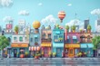© Istamar - Colorful cartoon city street with buildings and shops, hot air balloons in the sky.
