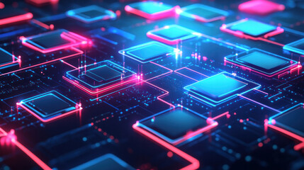 Poster - A computer chip with blue and red lights. The blue lights are on the top left and the red lights are on the top right