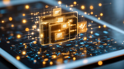 Poster - A tablet screen with a glowing image of a computer chip. The image is made up of many small squares, each with a different color. Scene is one of technology and innovation