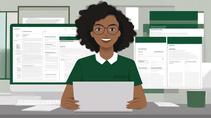 Poster - A woman is sitting at a desk with a laptop and several monitors. She is smiling and she is working on a project
