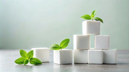 white cubes, green leaves, stack, macro