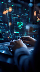 Poster - A person is typing on a laptop with a green check mark on the screen. Concept of security and trust, as the check mark is often associated with a safe or secure environment