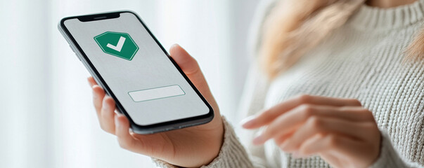 Poster - A woman is holding a cell phone with a green check mark on it. The phone is displaying a message that says 