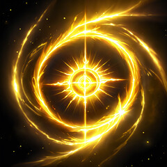 A glowing golden sun symbol with a circular design composed of swirling flames. The symbol has a cross shape within a larger circle, with a smaller circle in the center. The background is dark with sc