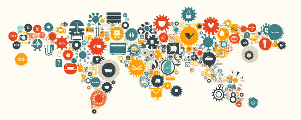 Poster - A colorful map of the world with many different icons and symbols. The map is a representation of the many different aspects of modern life, including technology, communication, and finance