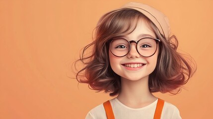 Cute girl with glasses smile in peach background