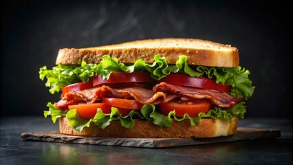 Wall Mural - A savory and satisfying sandwich filled with crisp lettuce, juicy tomato slices, and succulent bacon, resting on a rustic wooden board