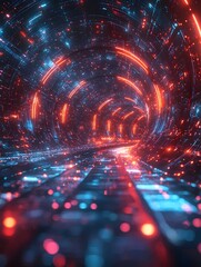 Poster - A vibrant and futuristic tunnel scene illuminated with bright red and blue lights, creating a dynamic and immersive digital atmosphere reminiscent of a sci-fi journey.