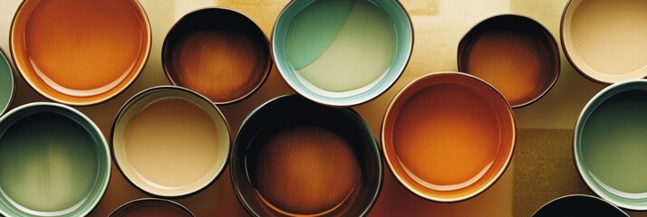 Aufkleber - A collection of circular tea cups in warm hues creates a welcoming atmosphere for a relaxing tea gathering with loved ones. Generative AI