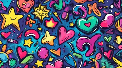 Aufkleber - This vibrant doodle features a collection of stars, hearts, arrows, and flowers, creating an engaging and playful atmosphere. Generative AI
