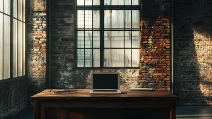 Leinwandbilder - A wooden desk holds a laptop in an industrial workspace filled with natural light, showcasing exposed brick and large windows. Generative AI