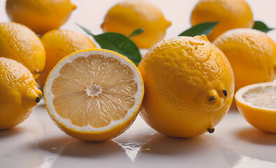 Poster - A lemon is cut in half and has a green leaf on top