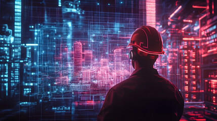 Poster - Futuristic Engineer in Neon Urban Environment