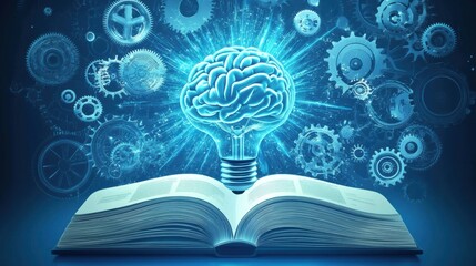 Fototapete - A glowing brain hovers above an open book, surrounded by gears, symbolizing the fusion of knowledge and creativity in a dynamic blue setting. Generative AI