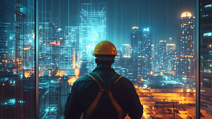 Poster - Worker Overlooking City with Digital Visualization