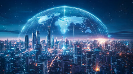 Poster - Futuristic Cityscape with Global Network Visualization