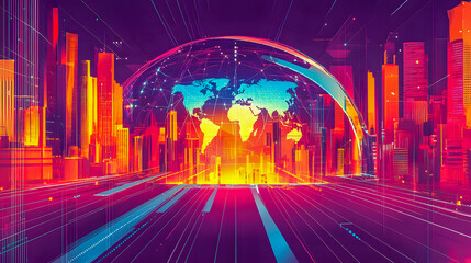 Poster - Futuristic Cityscape with Global Connectivity Concept