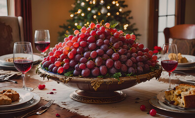 Poster - A table with a large bowl of grapes and wine glasses