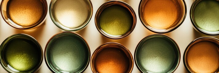 Aufkleber - An artistic display of circular tea cups in warm brown and green tones, ideal for inviting moments of relaxation and conversation. Generative AI