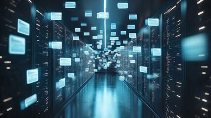 Poster - A computer server room with many computer screens and a person in the middle. The room is filled with blue lights and the screens are all lit up