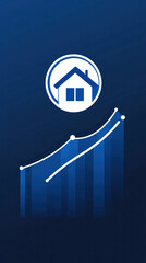 Poster - A blue and white image of a house with a house symbol and a line graph. The graph is rising, which could represent the value of the house increasing over time