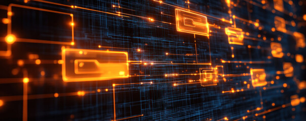 Poster - The image is a computer screen with a lot of orange and blue lines and squares. The lines and squares are arranged in a way that creates a sense of movement and energy. The colors are bright