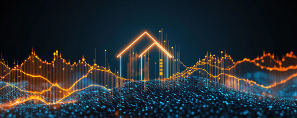 Poster - A house is lit up in the dark with a blue background. The house is surrounded by a lot of lines and curves, giving it a futuristic and abstract appearance