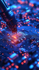 Poster - A close up of a computer chip with a blue background. The chip is glowing red and the background is a mix of blue and red. Concept of technology and innovation