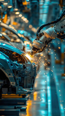 Poster - A robot is working on a car in a factory. The robot is surrounded by sparks and the car is being welded. The scene is industrial and mechanical, with a sense of precision and efficiency