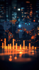 Poster - A computer generated image of a world map with orange and blue lines. The map is surrounded by a dark background