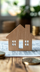 Poster - A wooden house is on top of a piece of paper with a house plan. There are coins on the table next to the house