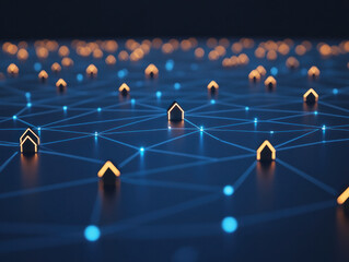 Poster - A blue background with many small orange houses scattered across it. The houses are connected by lines, creating a network of homes. Concept of community and interconnectedness