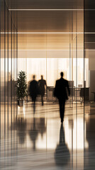 Wall Mural - long exposure shot of crowd of business people walking in bright office lobby fast moving with blurr