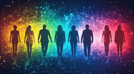 Poster - Silhouettes of various individuals stride confidently towards a colorful, digital backdrop, symbolizing diversity and togetherness. Generative AI