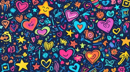Aufkleber - The artwork showcases a lively mix of bright symbols such as stars, hearts, and arrows against a dark background, creating an energetic vibe. Generative AI
