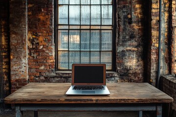 Fototapete - The laptop rests on a weathered wooden table, surrounded by brick walls and large windows, creating an inspiring workspace atmosphere. Generative AI