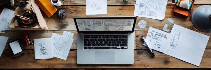 Leinwandbilder - A laptop sits on a wooden table cluttered with sketches and various stationery items, indicating a creative work environment. Generative AI