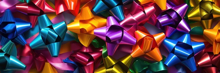 Poster - Brightly colored ribbons and bows intersect harmoniously, adding a cheerful touch suitable for gift wrapping or party decorations. Generative AI