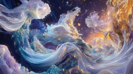 Poster - Vibrant swirls of color blend together, creating an abstract cosmic landscape filled with light and dynamic movement. Generative AI