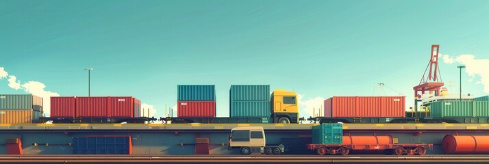 Poster - Containers are being efficiently transferred from trucks to trains at a busy logistics hub, demonstrating integrated transportation. Generative AI