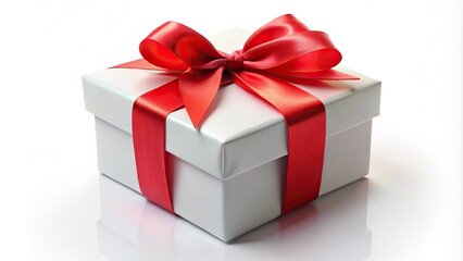 White gift box, red ribbon, isolated background