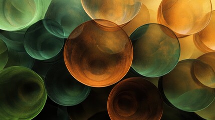 Aufkleber - Warm brown and green circular tea cup shapes are artfully arranged, creating a cozy and inviting feeling in the space. Generative AI
